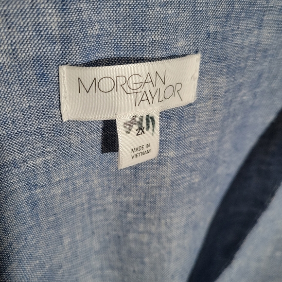 Morgan Taylor | Blue Linen Blend Waist Tie Midi Smock Dress 2X Lagenlook Resort - Picture 3 of 8